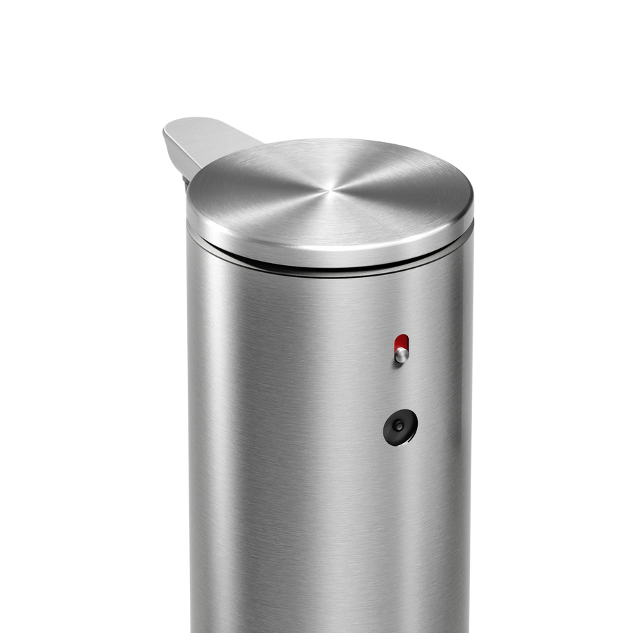 Detail view of Simplehuman 9 oz. Rechargeable Sensor Pump in Brushed Stainless Steel, showing power button and sensor.