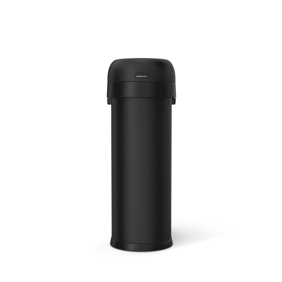 Front view of Simplehuman 50L Slim Open Can, Matte Black resin, slim profile, fixed open top for quick disposal.