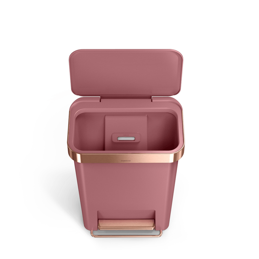 Simplehuman 45L Hybrid Step Can, Dusty Rose with Rose Gold, open view showing liner rim and bag dispenser.