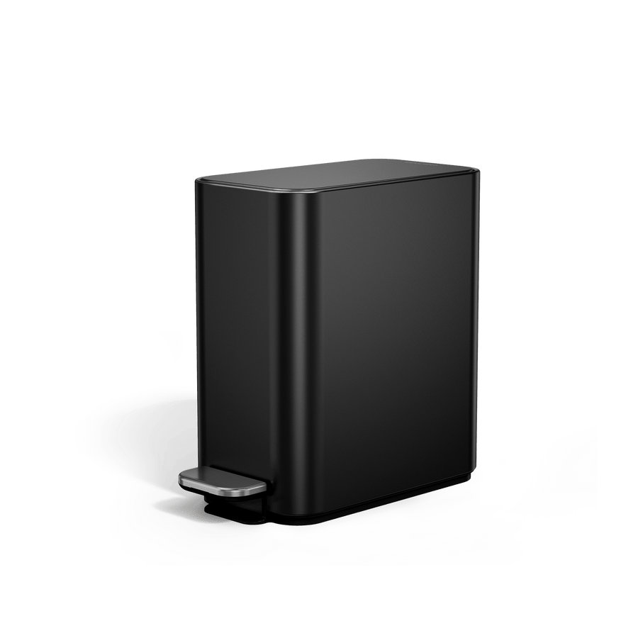 Angled view of Simplehuman 5L Slim Step Can in Matte Black, hands-free operation