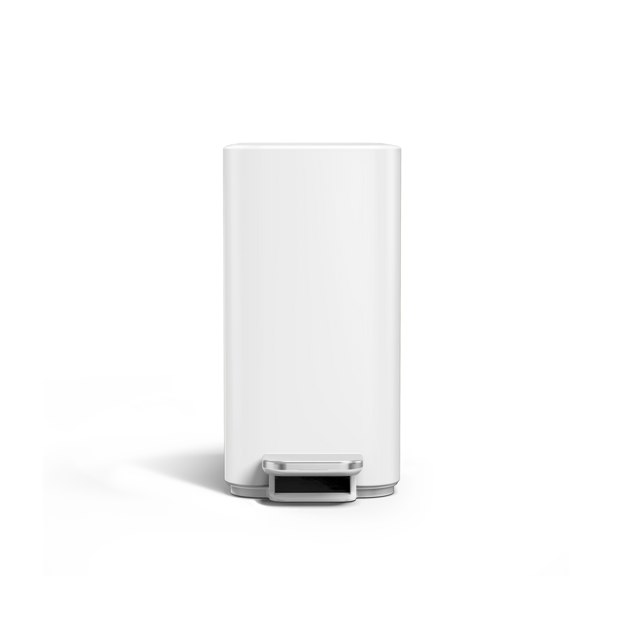 Simplehuman 5L Slim Step Can, White finish, straight front view, hands-free slim design.