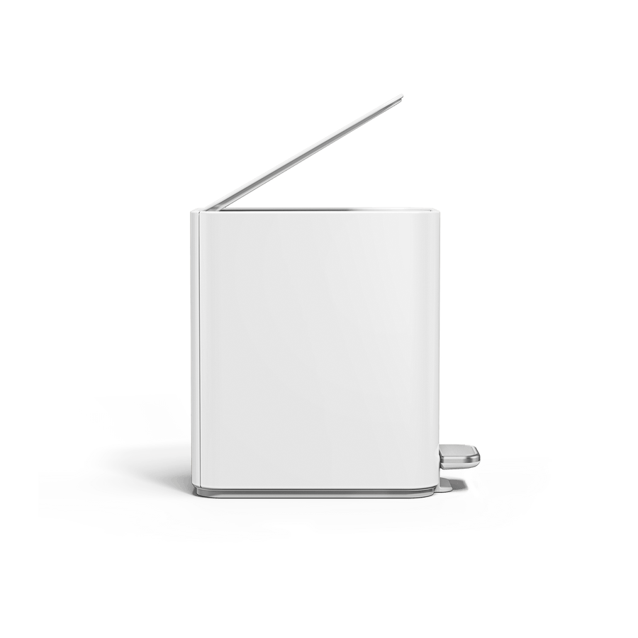 Simplehuman 5L Slim Step Can, White, front view with open lid, hands-free operation and slim design.