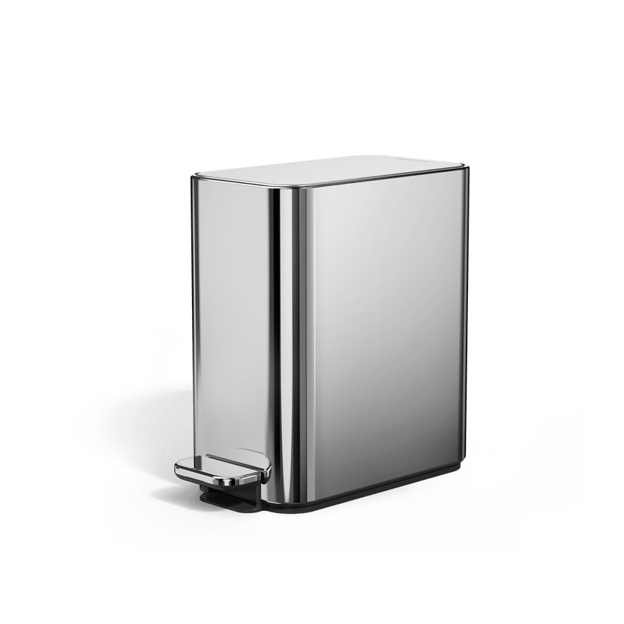 Simplehuman 5L Slim Step Can in Polished Stainless Steel, angled view, hands-free operation and slim design.