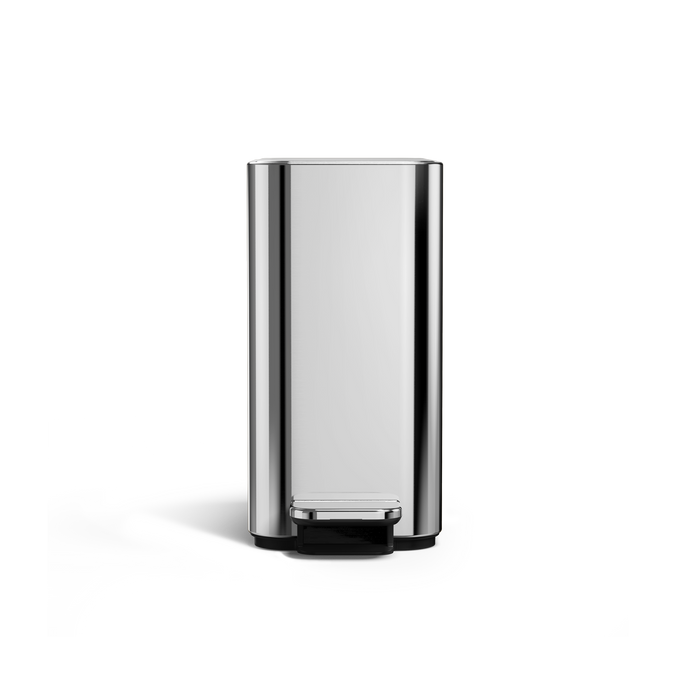 Simplehuman 5L Slim Step Can, Polished Stainless Steel, Front view, hands-free slim design.