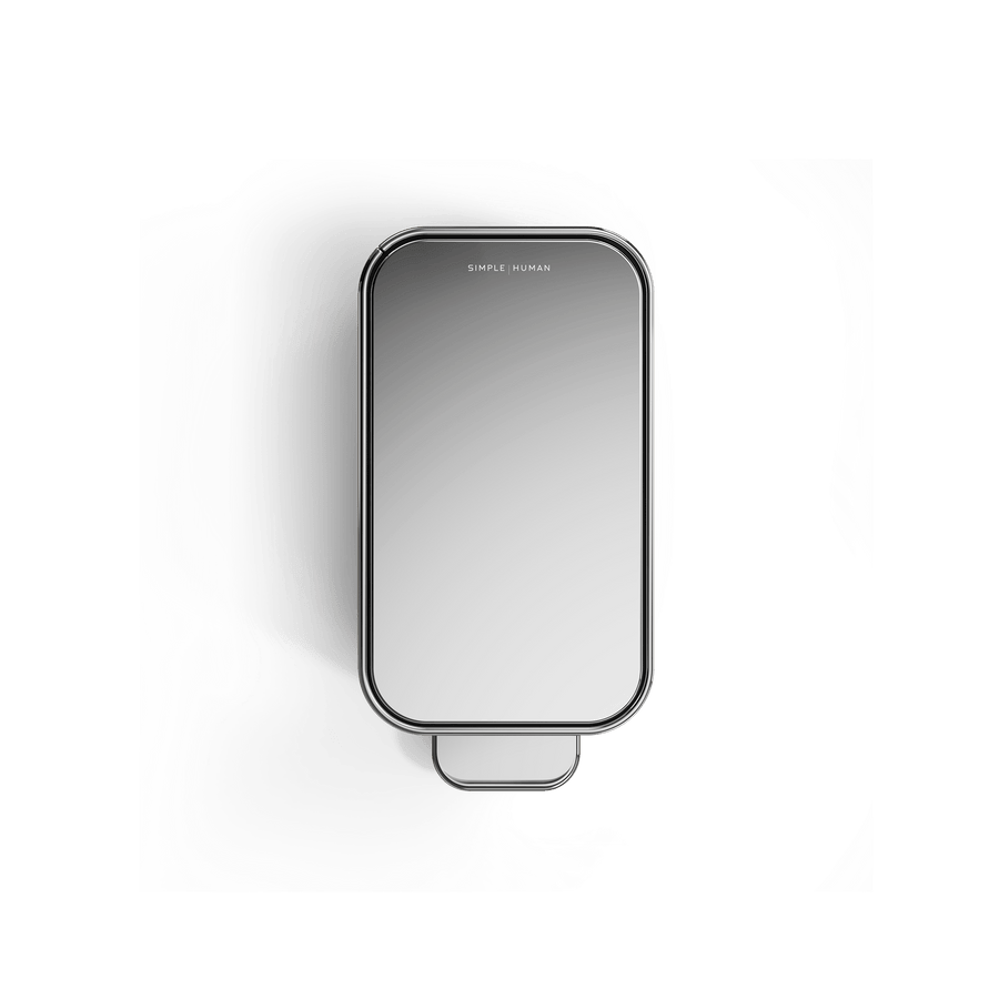 Simplehuman 5L Slim Step Can, Polished Stainless Steel, Top view, showcasing narrow profile and mirrored lid.