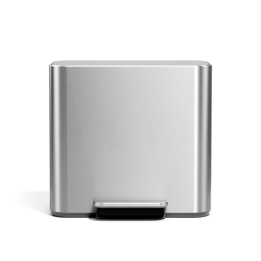 Simplehuman 16L Brushed Stainless Steel Mini Step Can with pedal, front angle.