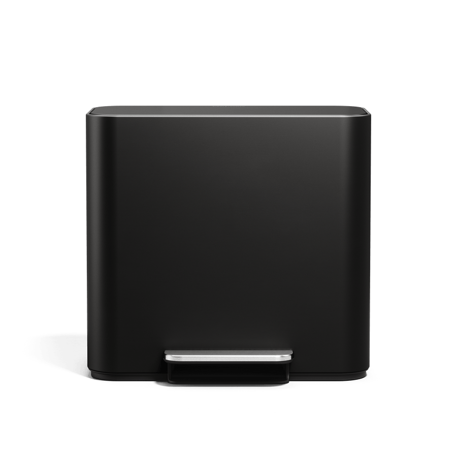 Simplehuman 16L Matte Black Mini Step Can with pedal, front angle.