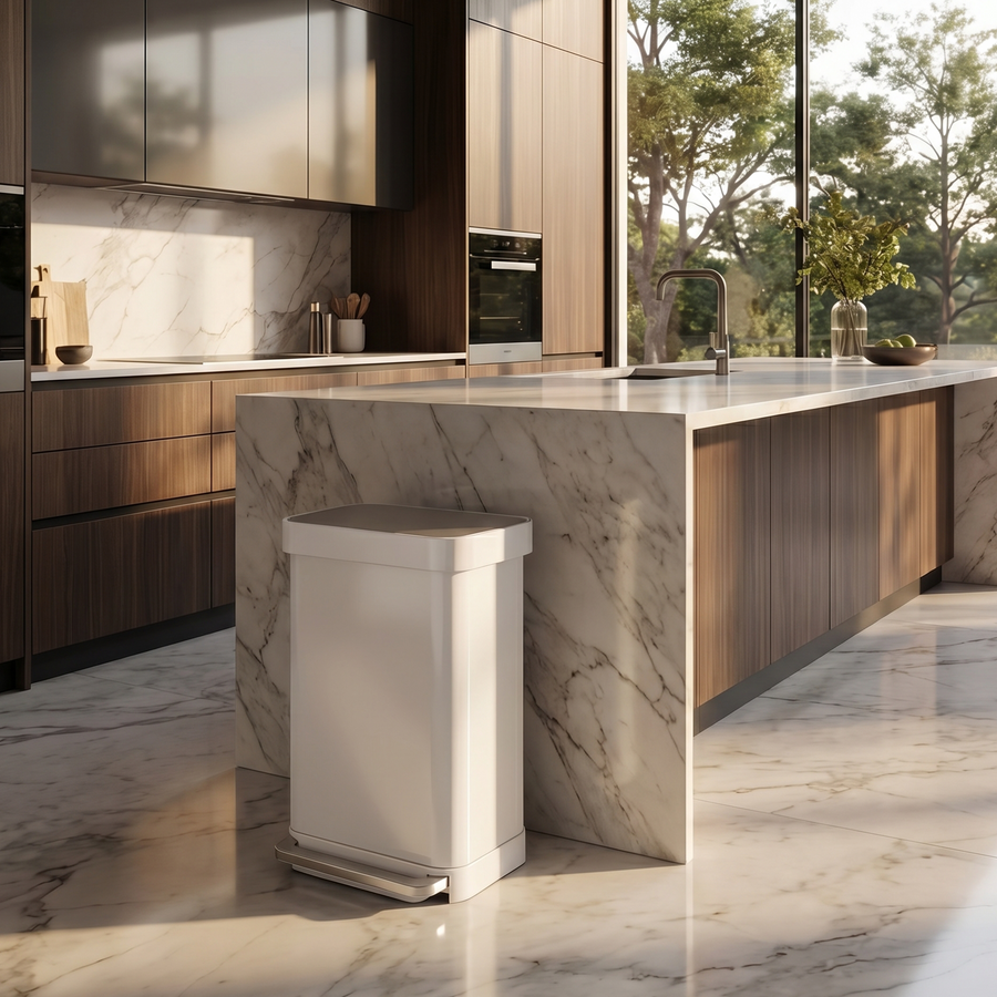 Simplehuman's 45L Step Can in White in a modern kitchen setting with marble countertops and wooden cabinets.