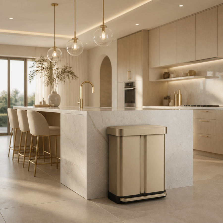 Simplehuman's 58L Step Can in Matte Gold in a modern kitchen setting with gold appliances and light birch cabinetry. 