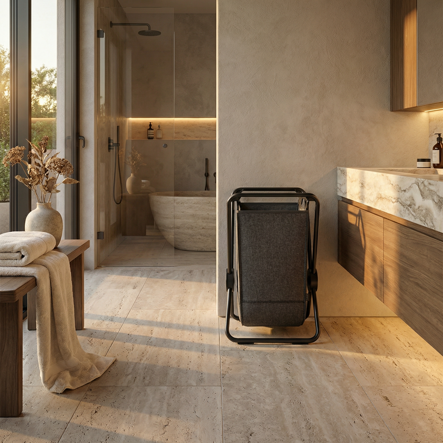 Simplehuman's Single X-Frame Hamper in a modern bathroom setting with natural light.