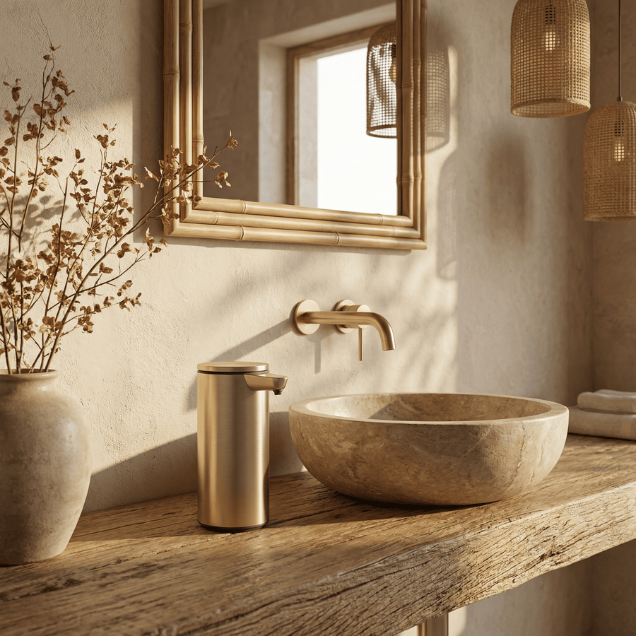 Simplehuman's Matte Gold Sensor Pump on a modern bathroom countertop setting.
