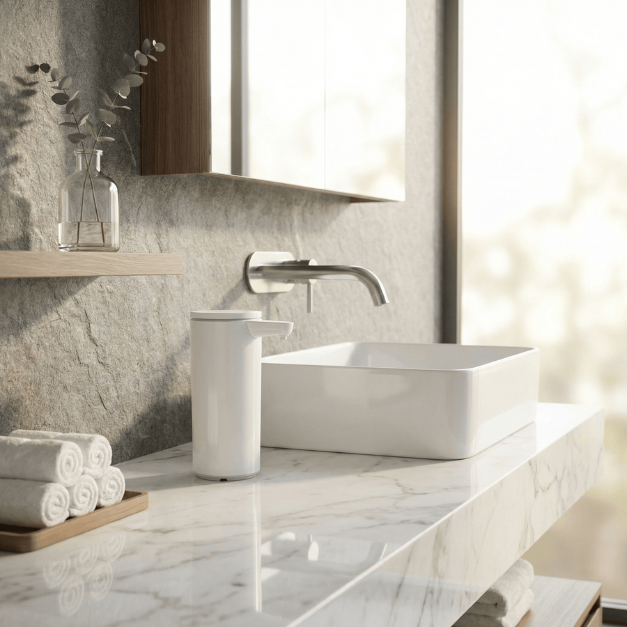 Simplehuman's 9 oz. Liquid Sensor Pump in White in a modern bathroom setting next to a white sink.
