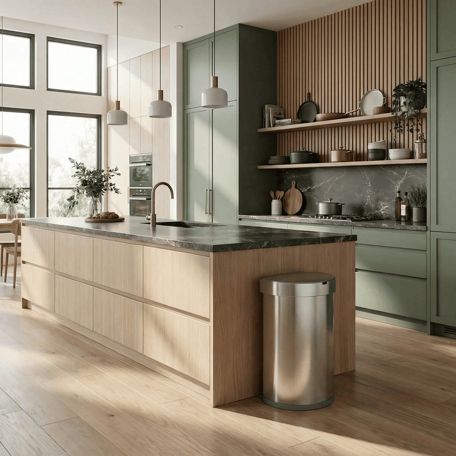 Simplehuman's 45L Semi-Round Sensor Can in a modern kitchen setting with green wooden cabinets, marble and wood countertop with a neutral aesthetic.