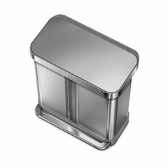 58L dual compartment rectangular pedal bin with liner pocket - brushed stainless steel - 3/4 top down image
