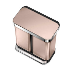 58L dual compartment rectangular pedal bin with liner pocket - rose gold stainless steel - 3/4 top down image
