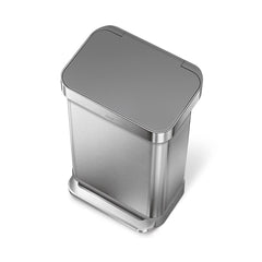 45L rectangular pedal bin with liner pocket with plastic lid - brushed finish - 3/4 top down image