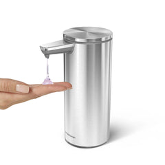 rechargeable liquid soap sensor pump- brushed finish - hand under spout view