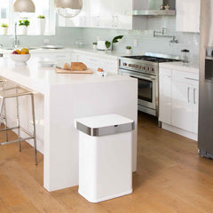 58L rectangular sensor bin with voice and motion control - white steel - lifestyle end of counter